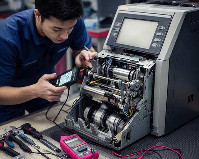 Technician testing an open ATM cash dispenser module on a workbench in Singapore